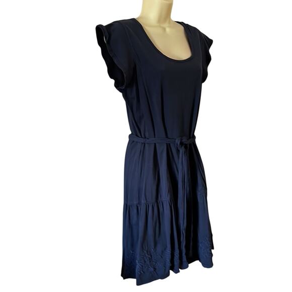 G.H.Bass & Co. Woman Size L Navy Blue Knit Dress Embroidered Drop Waist Tie Belt - Picture 2 of 11
